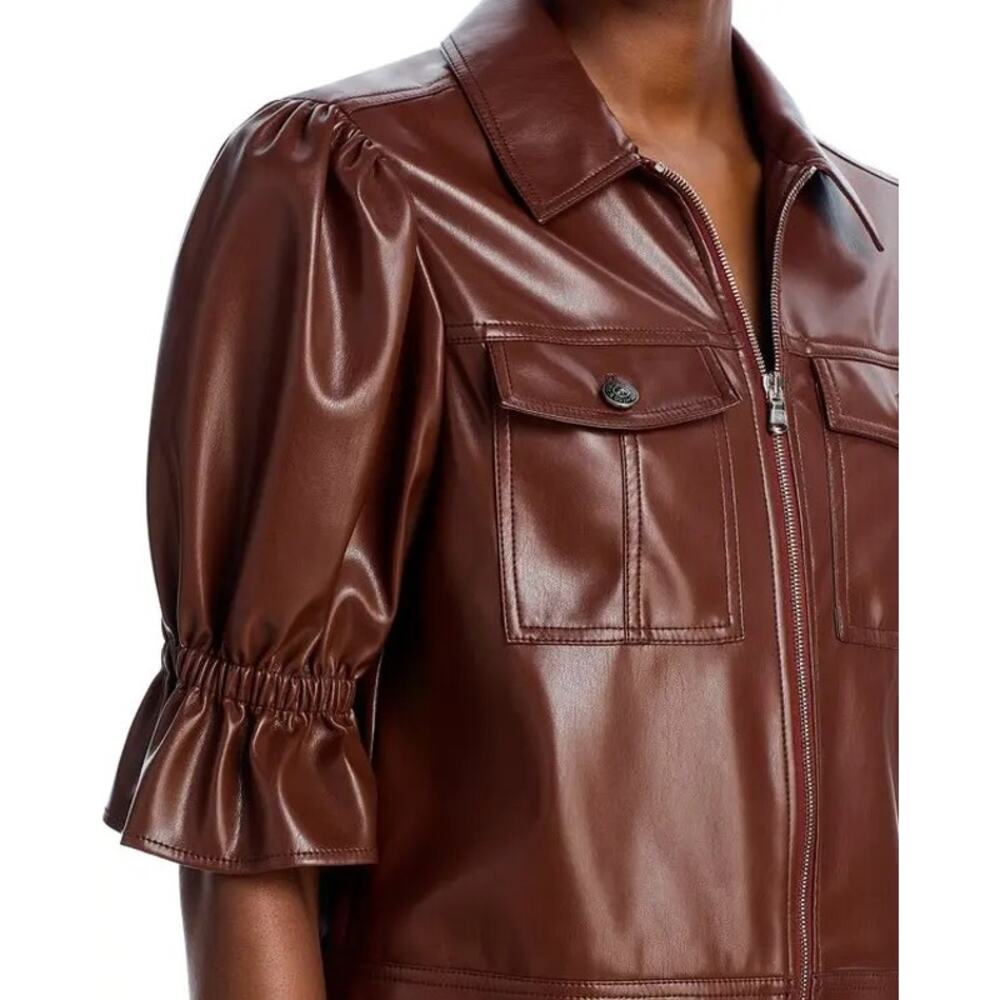 Cinq à Sept Women Espresso Vegan Leather Luxury Short Puff Sleeve Jacket Size M - Picture 3 of 10